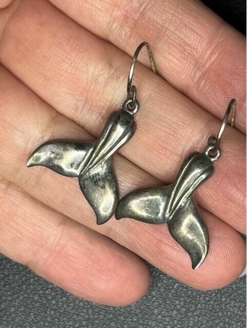 B7386 VTG Kabana Sterling Silver patina Whale Tail Dangle Earrings 4.3g 1.5"